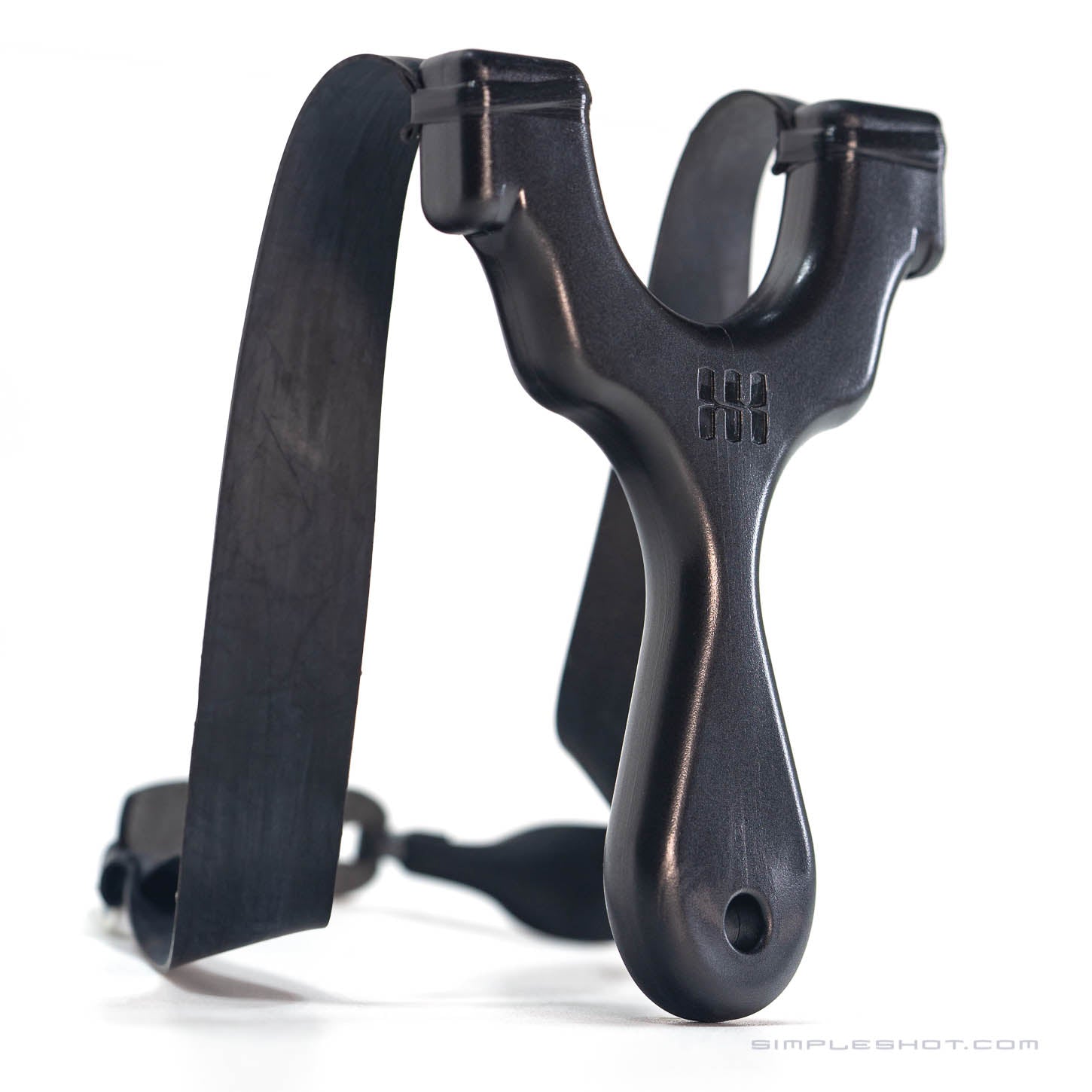 The Axiom Champ Slingshot boasts a black handle and thick rubber bands, making it ideal for slingshot enthusiasts. It features an ergonomic grip and a sleek, compact design. Captured against a plain white background, this modern slingshot is ready to impress.