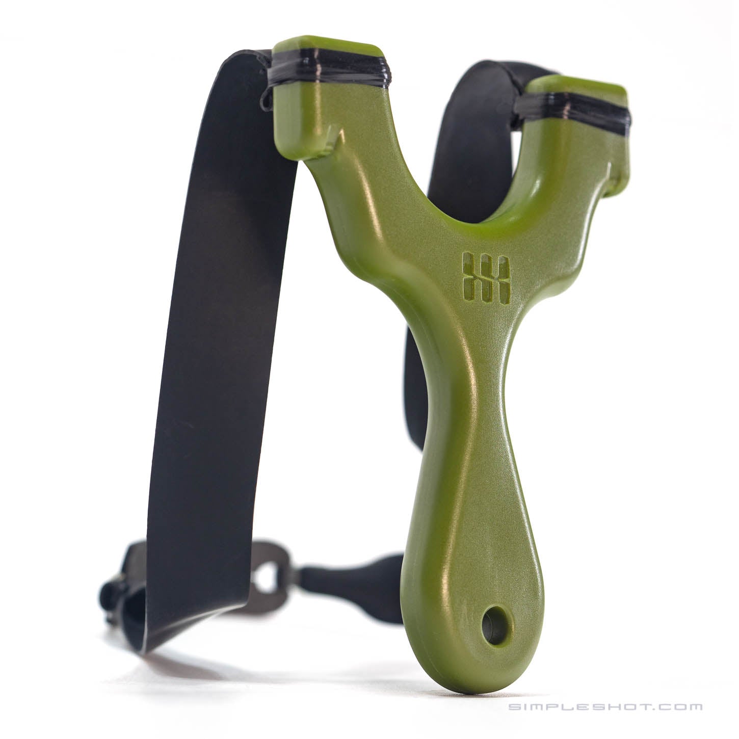 A green Axiom Champ with a black elastic band is shown. The slingshot features a solid, ergonomic handle and a sleek, compact design. The brand logo is visible on the handle, making it ideal for slingshot enthusiasts. The image background is plain white, emphasizing the slingshot.